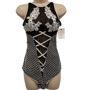 French Affair Lingerie Black Fishnet Lace Teddy Size L Bodysuit